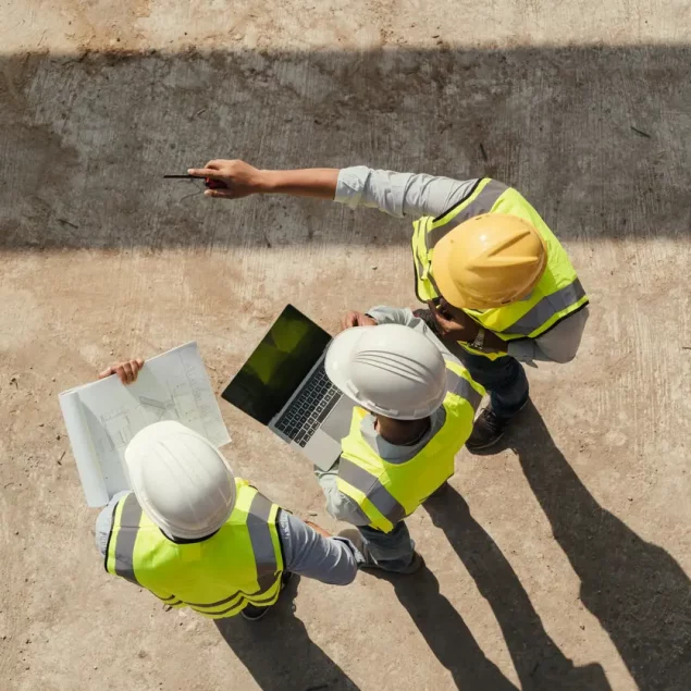 Top view, Team engineer building inspection use tablet computer and blueprint working at construction site. Civil Engineer, Contractor and Architect discussing in construction site.